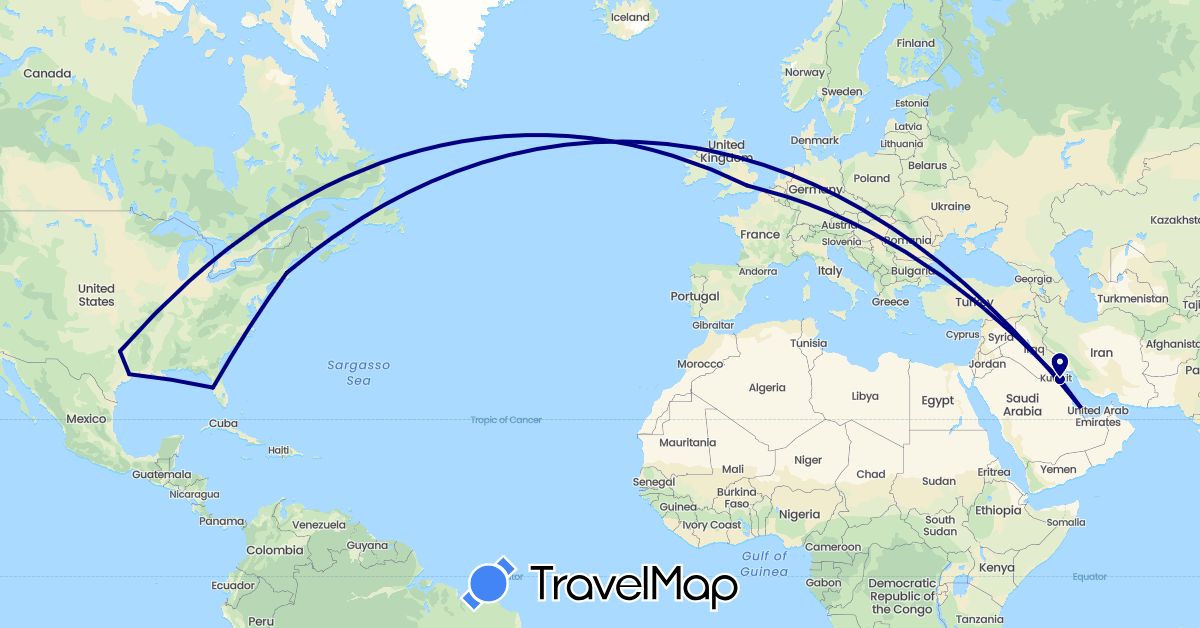 TravelMap itinerary: driving in United Kingdom, Kuwait, Qatar, United States (Asia, Europe, North America)